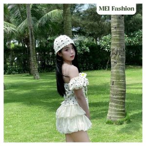 Set áo trễ vai chấm bi