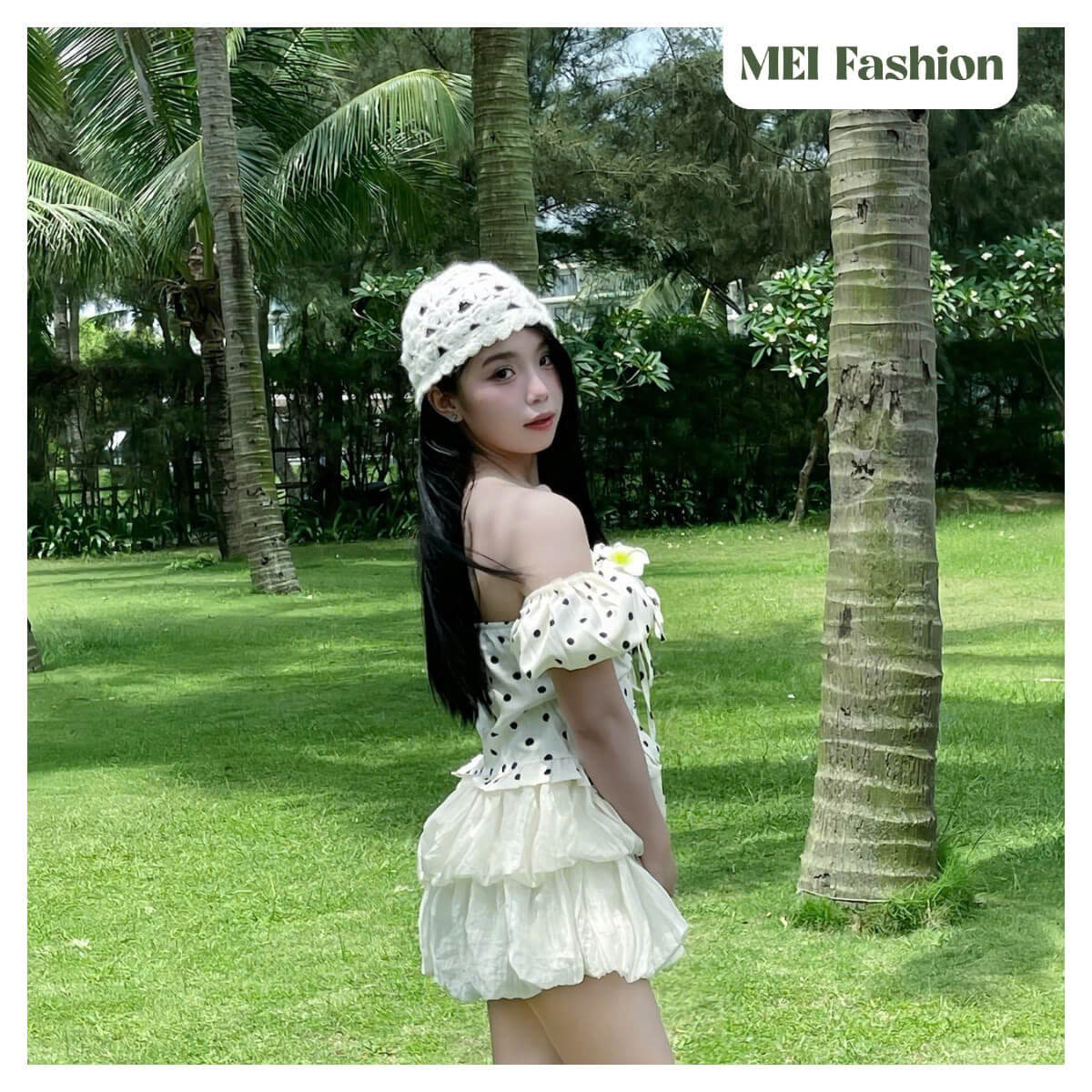 Set áo trễ vai chấm bi